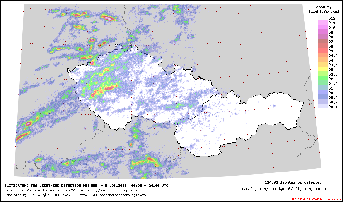 Blesková sumace sítě Blitzortung - 4.8.2013 - 00:00-24:00 UTC