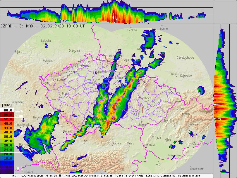 Radarový snímek: 6. 6. 2020 v 18:00 UTC. Zdroj: ČHMÚ