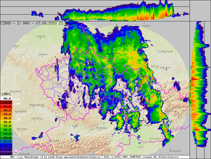 Radarový snímek ČHMÚ ze 7. 6. 2020, 21:30 UTC. Zdroj: ČHMÚ